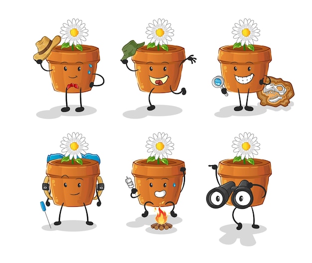 Bloempot avontuur groepskarakter. cartoon mascotte vector