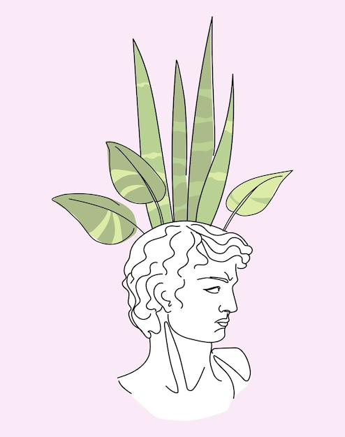 Bloempot in de vorm van een antiek beeld met een kamerplant Vector illustratie in doodle stijl
