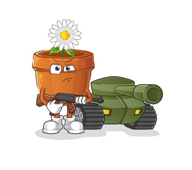 Bloempot soldaat met tankkarakter. cartoon mascotte vector