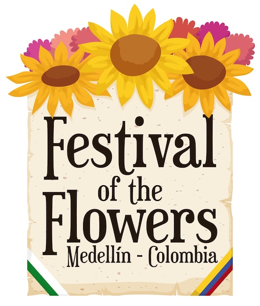 Bloemstuk en scroll voor Festival of the Flowers met vlaggen van Colombia en Medellin