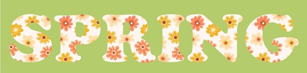Bloemtekst lente kop met rustieke doodle bloemen op groene achtergrond