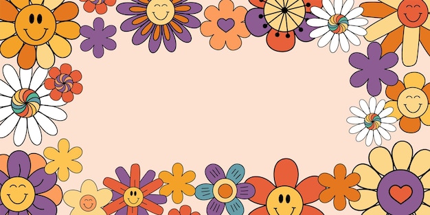 Bloemvector achtergrond uitnodiging en groetekaart sjabloon in groovy retro stijl