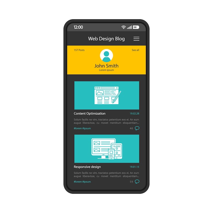 Vector blog app smartphone interface vector template mobile page black design layout web designer profile screen blogging sharing posts application flat ui website design content on phone displayxa