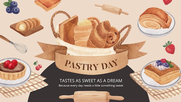 Blog banner template with pastry day concept watercolor style