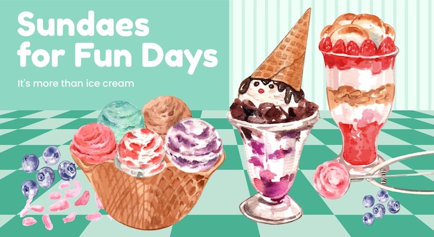 Vector blog banner template with sundae ice cream concept watercolor style