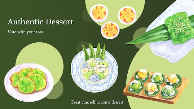 Modello di banner blog con concetto di dessert tailandese in stile acquerello