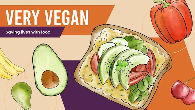 Blog banner template with vegan food connceptwatercolor style