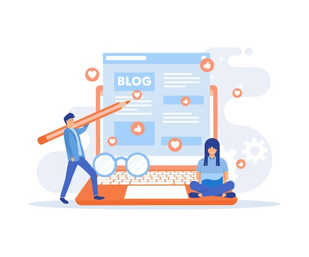 Concetto di creazione di blog scrittore di contenuti creazione di articoli di blog lavoro freelance affari e marketing illustrazione moderna vettoriale piatta