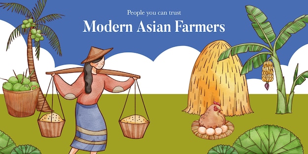 Modello di intestazione del blog con concetto di agricoltore asiatico in stile acquerello