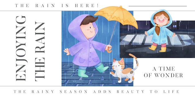 Vettore modello di intestazione del blog con il concetto di stagione delle piogge per bambini in stile acquerello