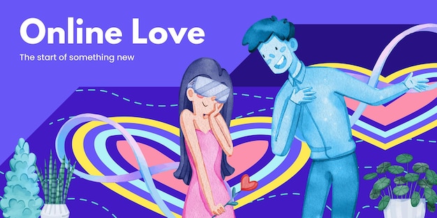 Blog header template with VR Dating conceptwatercolor style