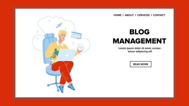 Blog management service man vettore di occupazione. coder blog management business su laptop, creazione e codifica di siti web. personaggio seduto su una sedia e che lavora web piatto cartoon illustration