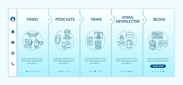 Bloggen en podcasting tips onboarding vector sjabloon. Creatie van productpromomateriaal. Responsieve mobiele website met pictogrammen. Stapschermen voor het doorlopen van webpagina's. RGB-kleurconcept