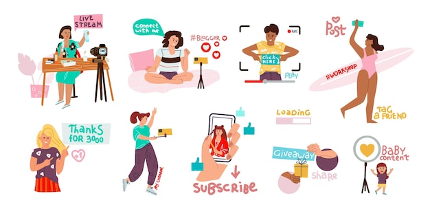 Vector bloggen ingesteld. doodle gelukkige personages die video en streaming maken, inhoud maken en communicatie via sociale netwerken. vector cartoon schoonheid meisje bloggers met smartphone op witte achtergrond