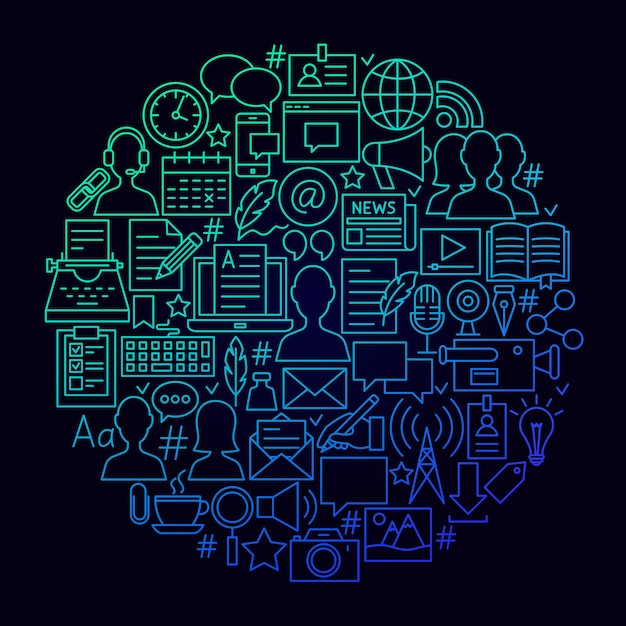 Bloggen lijn pictogram cirkel concept. vectorillustratie van blog post-objecten.