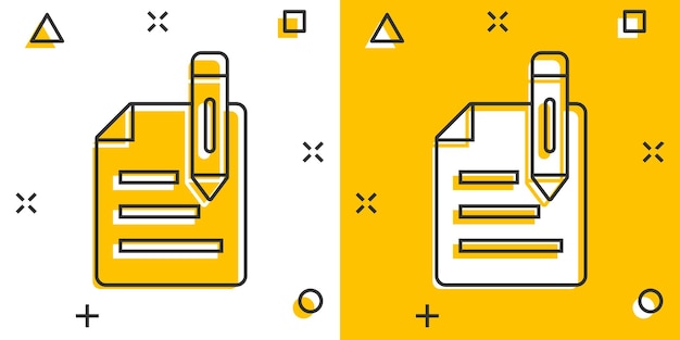 Bloggen pictogram in komische stijl document met pen cartoon vectorillustratie op witte geïsoleerde achtergrond inhoud splash effect bedrijfsconcept