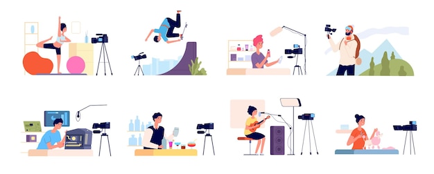 Blogger characters Bloggers review blog beauty fashion occupations Video vloggers girl digital channel and flat influencer people utter vector scenes Illustration beauty blog blogger content