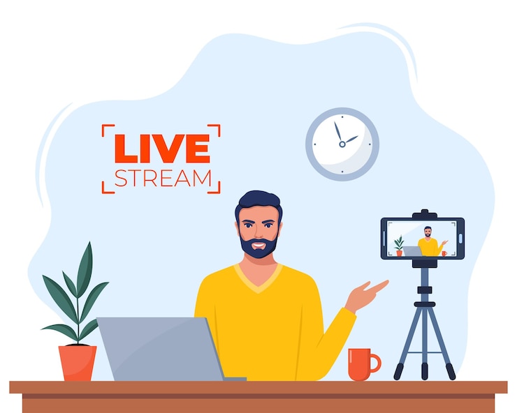 वेक्टर blogger communicates in live stream with followers man records video content on camera