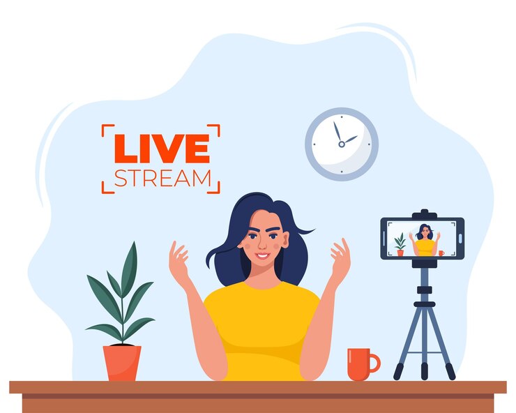 वेक्टर blogger communicates in live stream with followers woman records video content on camera