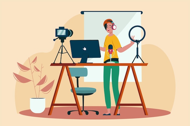 Blogger geel concept met mensenscène in cartoonstijl De blogger past alle gadgets aan