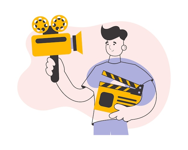 Blogger Guy 비디오 블로깅 및 팟캐스트 개념 라인 아트 최신 유행 스타일 벡터