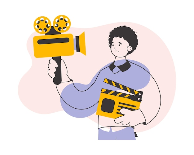 Blogger Guy 비디오 블로깅 및 팟캐스트 개념 최신 유행 스타일 라인 아트 벡터