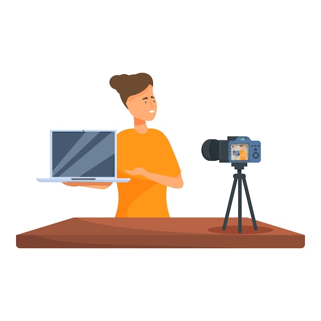 blogger holding laptop recording video blog using camera on tripod