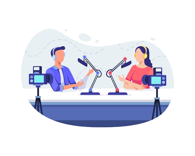 Blogger podcaster concept illustration. people recording audio podcast or online show. vector illustration in a flat style