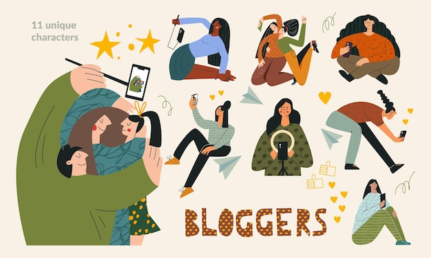 Blogger set bloggen en influencer concept bundel jonge trendy vloggers groep bloggers