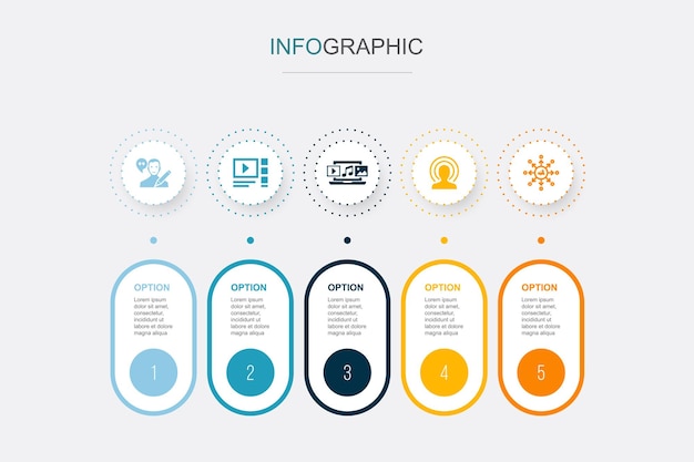 Blogger video blog contenuti digitali live streaming icone di contenuti virali modello di progettazione del layout di progettazione infografica concetto di presentazione creativa con 5 passaggi