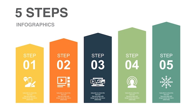 Blogger 비디오 블로그 디지털 콘텐츠 라이브 스트림 바이러스성 콘텐츠 아이콘 인포그래픽 디자인 레이아웃 템플릿 5단계로 구성된 창의적인 프레젠테이션 개념