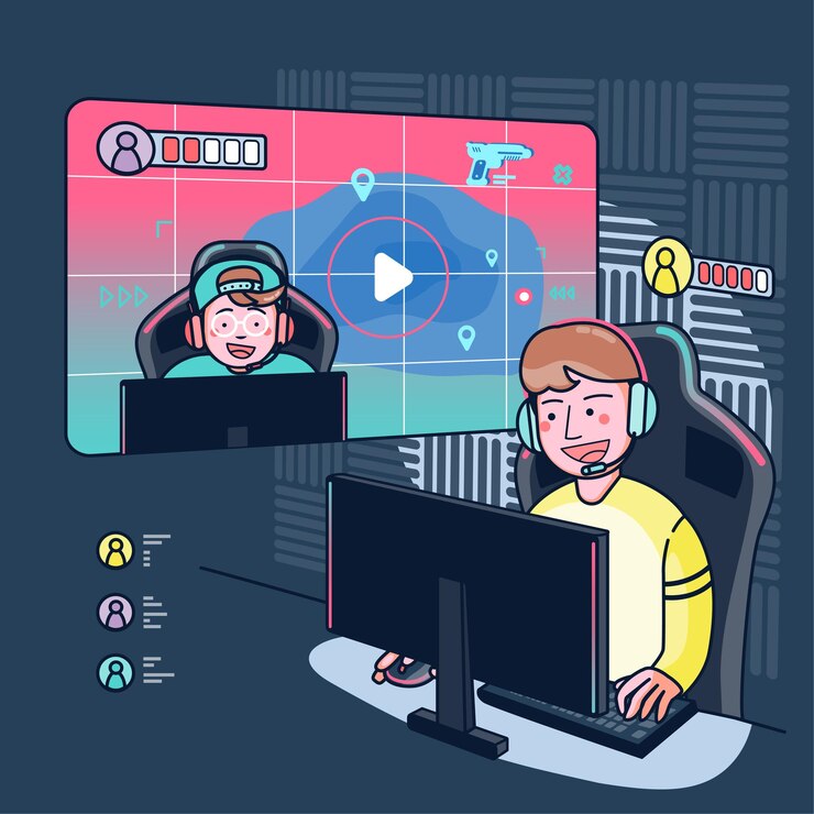 Vector bloggers play live games in their channels in a worldwide audience watch. gaming bloggers are very popular with gamers. flat  illustration 