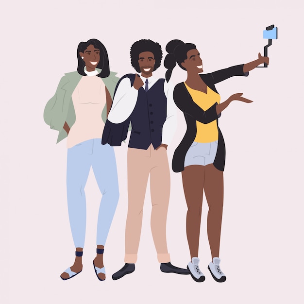 bloggers taking photo  people using smartphone camera on selfie stick social network communication blogging concept full length