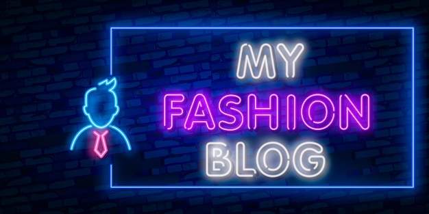 Blogging design template neon sign, light banner, neon signboard, nightly bright advertising, light inscription.