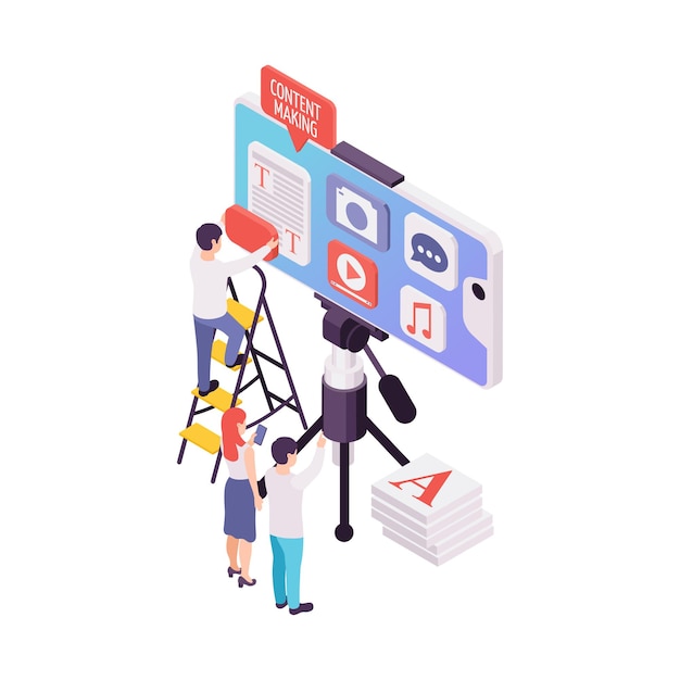 Blogging isometric concept with blogger making content 3d illustration