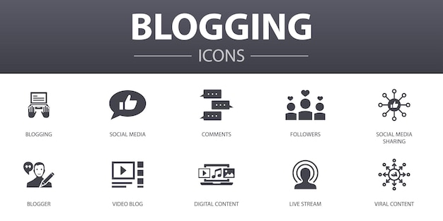 Blogging semplice concetto di icone impostate. contiene icone come social media, commenti, blogger, contenuti digitali e altro, può essere utilizzato per web, logo, ui/ux