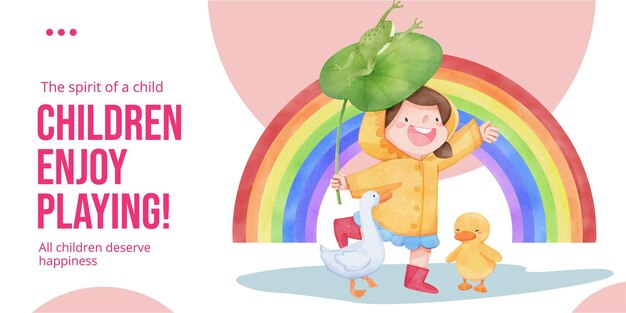 Blogkoptekstsjabloon met regenseizoenconcept voor kinderen in aquarelstijl