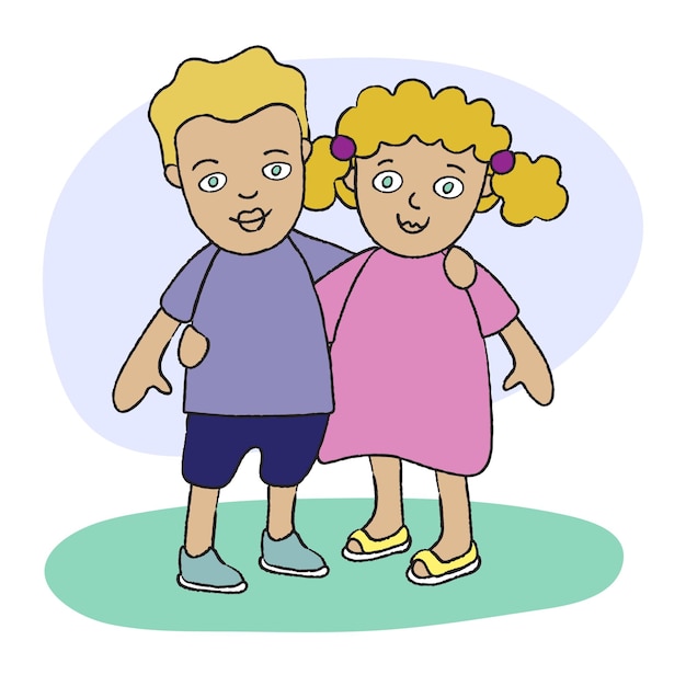 Vector blond boy and girl hugging each other. cartoon illustration of siblings.