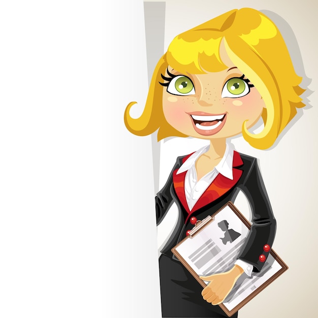 Blond business woman with white banner for your text