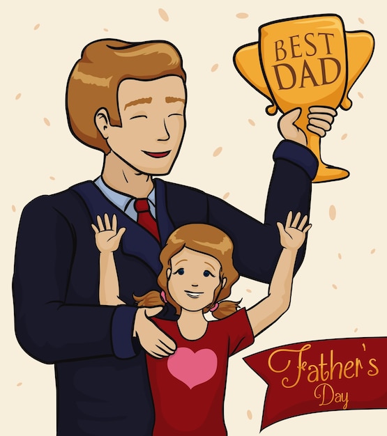 Vector blond dad receiving an award from his little daughter in father's day