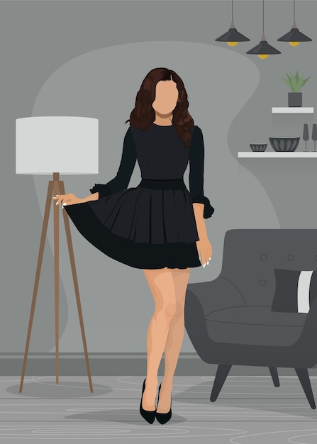 Vettore illustrazione di una ragazza bionda che indossa un vestito da festa nero corto e tacchi in una stanza minima