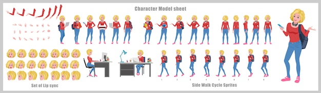 Blond haar studente character design model sheet met loopcyclusanimatie. meisje characterdesign. voor-, zij-, achteraanzicht en uitleganimatie-poses. tekenset met lipsynchronisatie