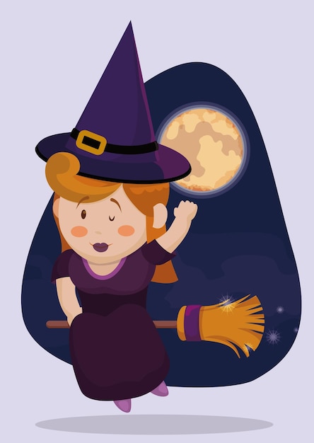 Blond haired witch floating in her magic broom in a night with full moon