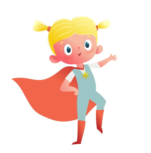 Blond kind, klein wondermeisje gekleed als een held.