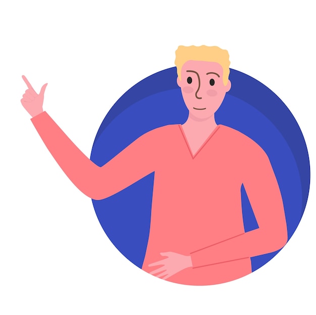 Blond man pointing up standing with a confident pose simple background Presentation gesture young speaker or teacher vector illustration