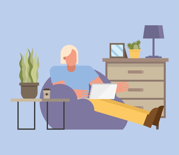 Vector blond man with laptop working on puf from home design of telecommuting theme vector illustration