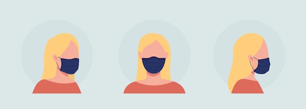 Vettore avatar di carattere vettoriale di colore semi piatto donna bionda con set di maschere. ritratto con respiratore dalla vista frontale e laterale. illustrazione in stile cartone animato moderno isolato per la progettazione grafica e il pacchetto di animazione
