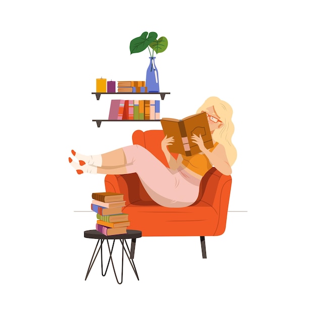 Blond Woman Sitting in Armchair at Home and Reading Book Vector Illustration