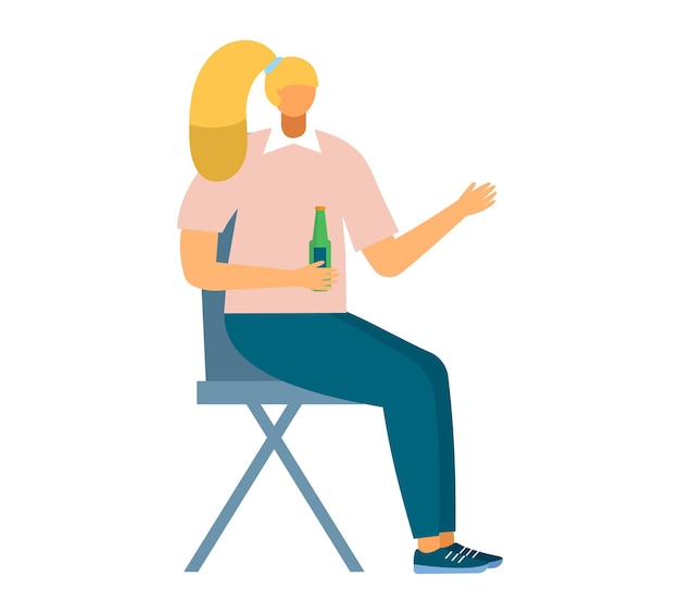 Vector blond woman sitting holding beer bottle talking casual clothing socializing adult in relaxed posture drinking concept vector illustration