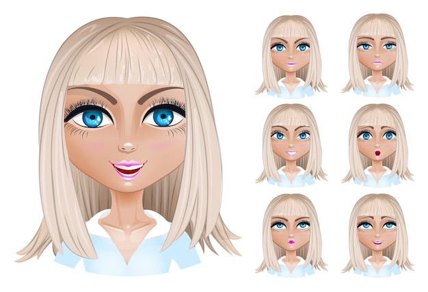 Blond woman with different facial expressions